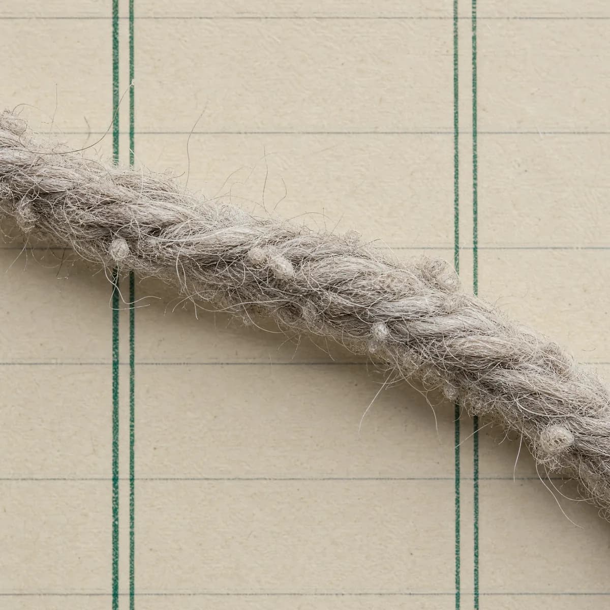 Extreme close-up of a fuzzy short-staple yarn with loose fibre ends and small pills on its surface.