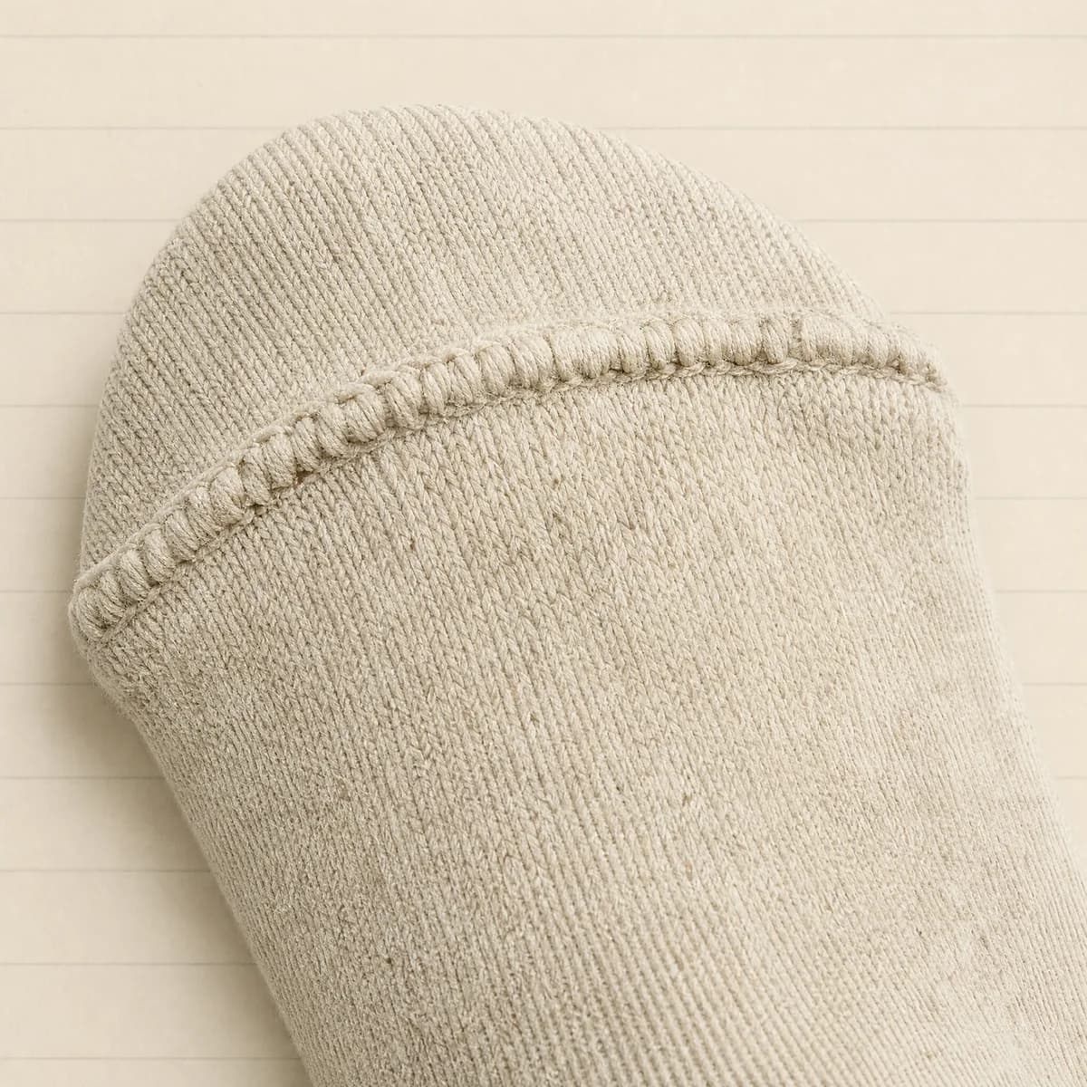 Extreme close-up of a bulky raised overlocked toe seam standing proud of the fabric and casting a shadow.
