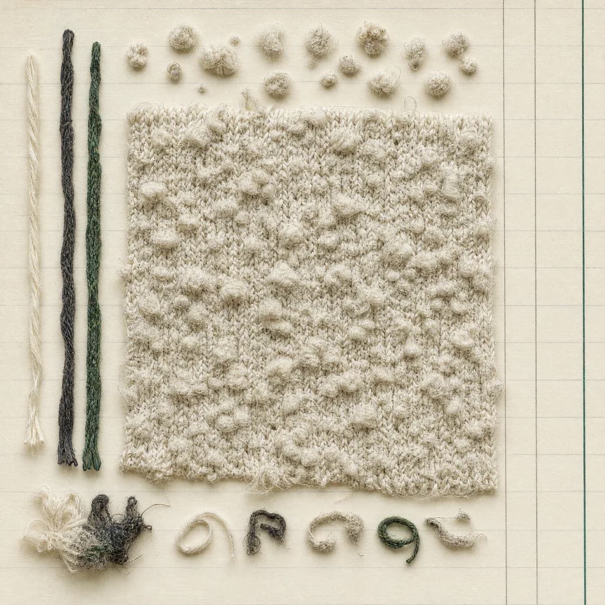 Extreme close-up of a knitted surface covered in small tight bobbles of pilled fibre.