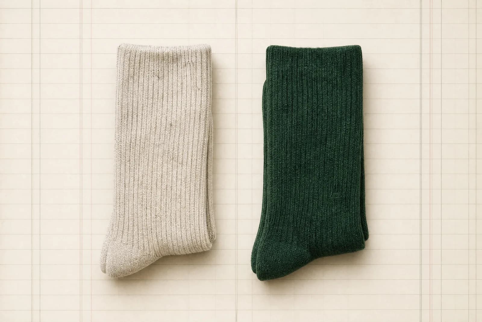 Two folded socks placed side by side with equal spacing on ruled paper, seen from above.