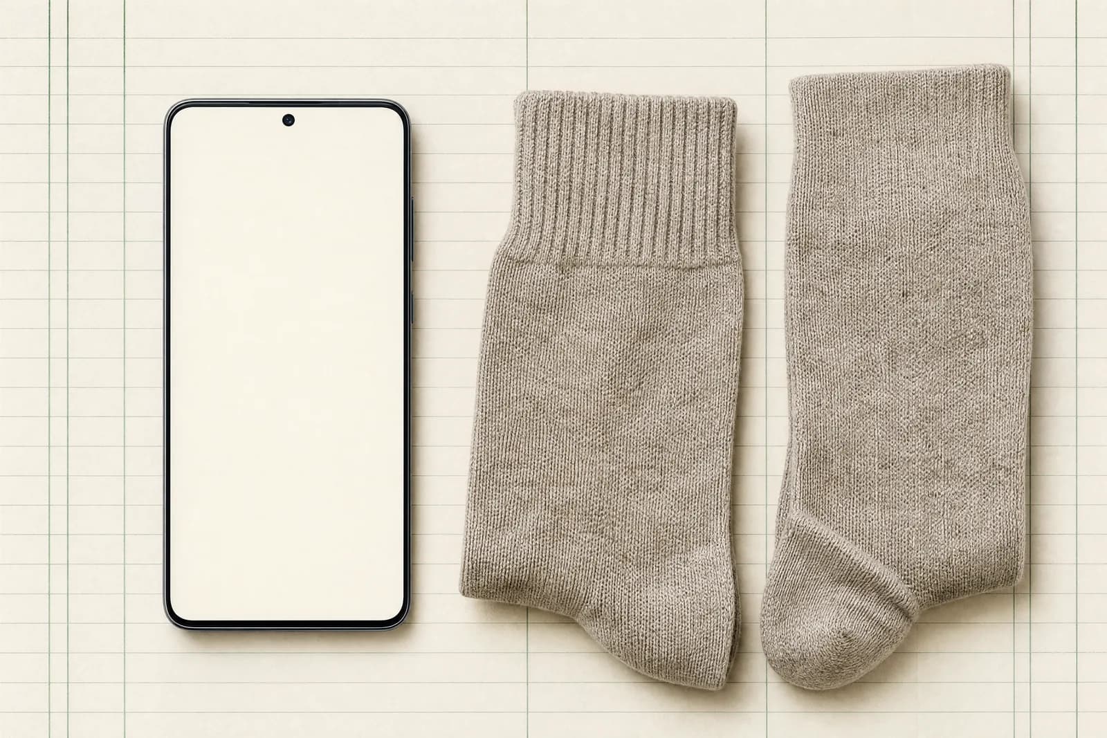 A phone lying face up on ruled paper beside two folded socks, its screen blank.