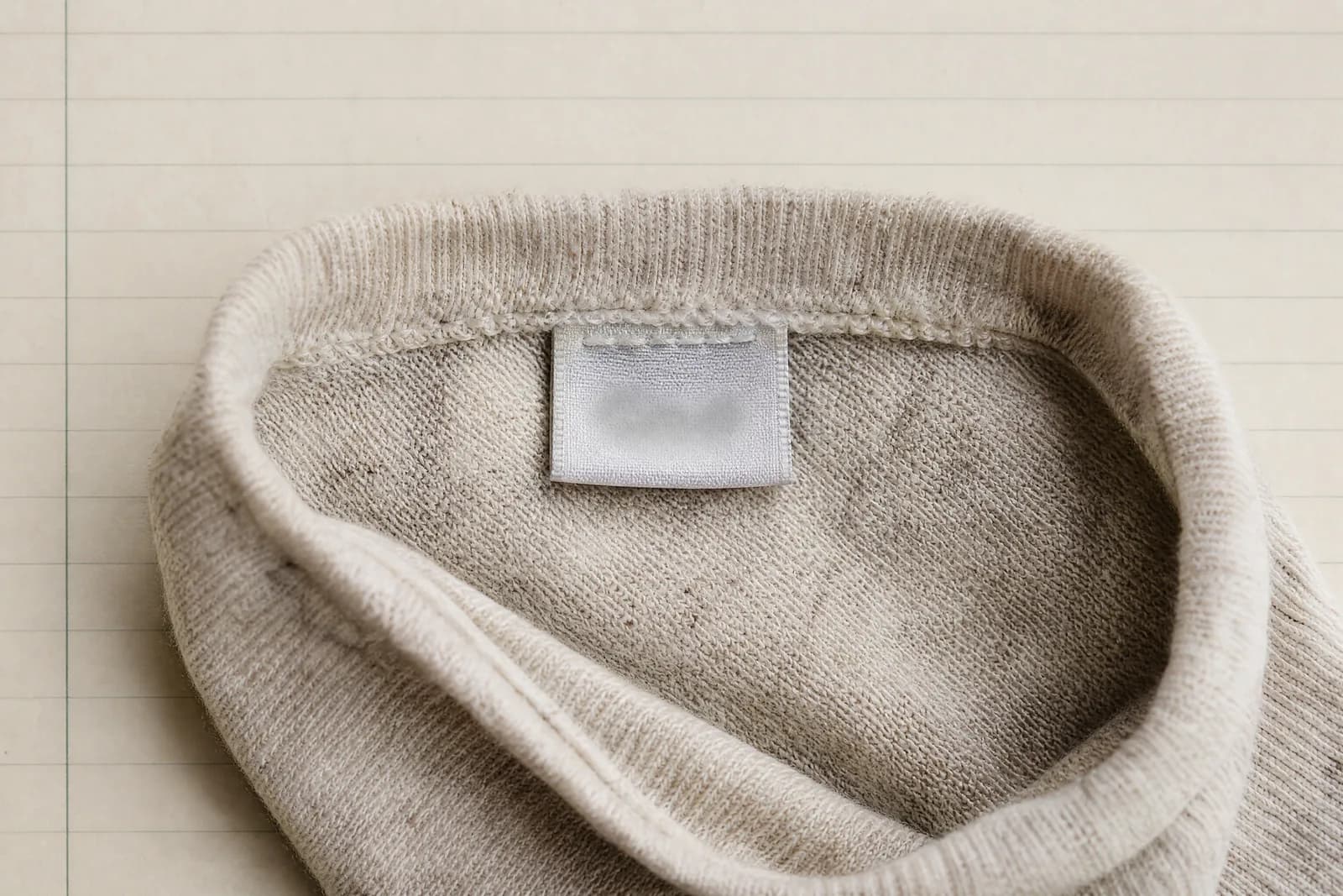 A sock turned open on ruled paper with its blank woven care label in focus at the cuff.