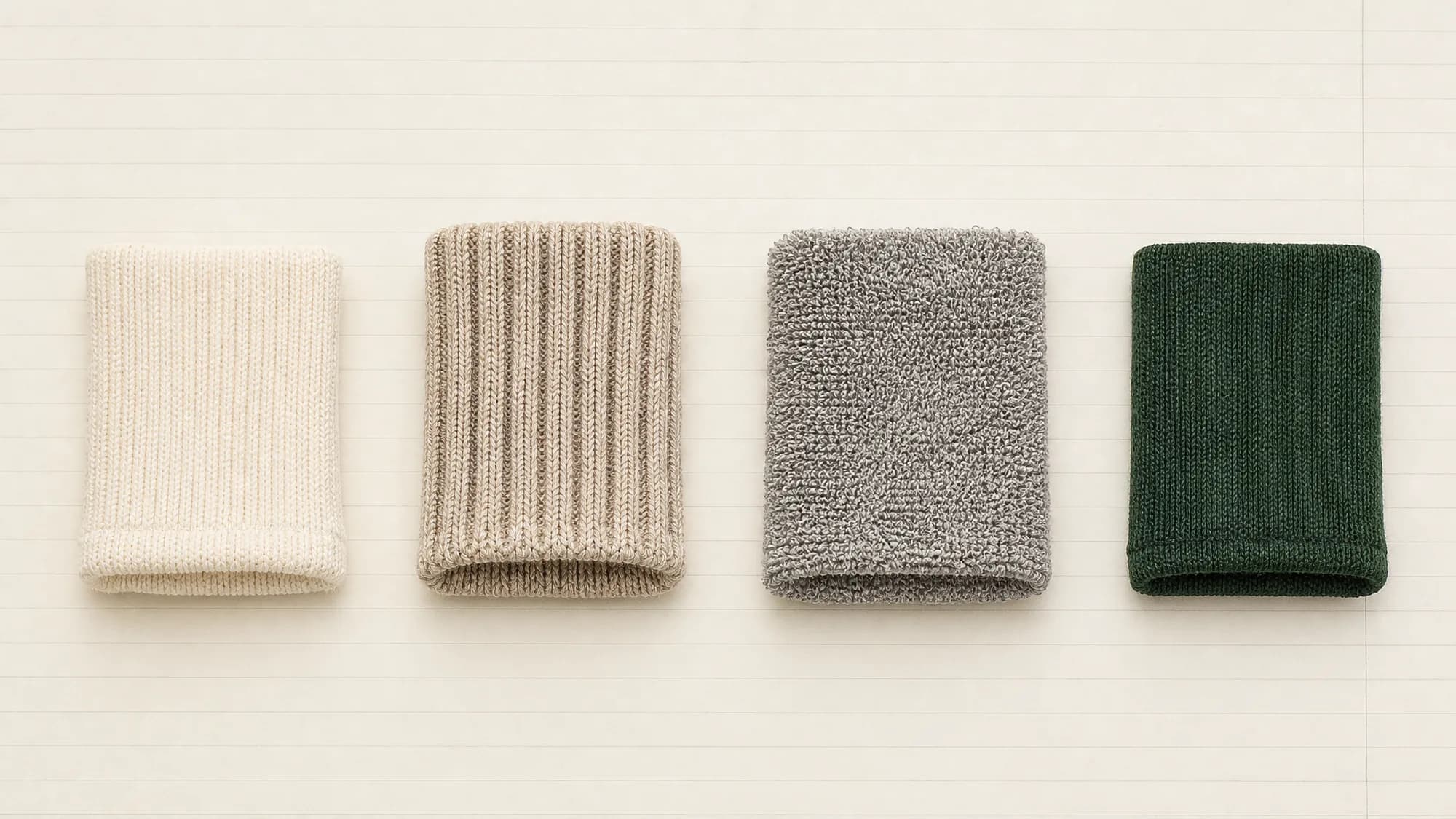 Four folded sock cuffs arranged in an evenly spaced row on ruled paper, each a different knit structure.
