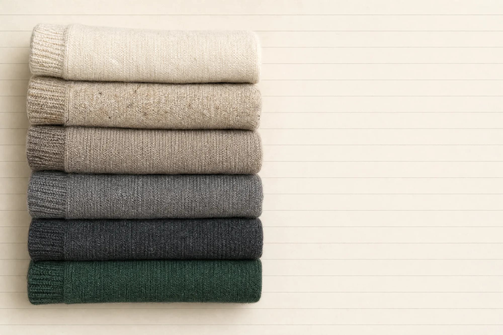 Six folded socks stacked into a precise column seen from the side, running from ecru at the top through oatmeal and grey to deep green at the bottom.