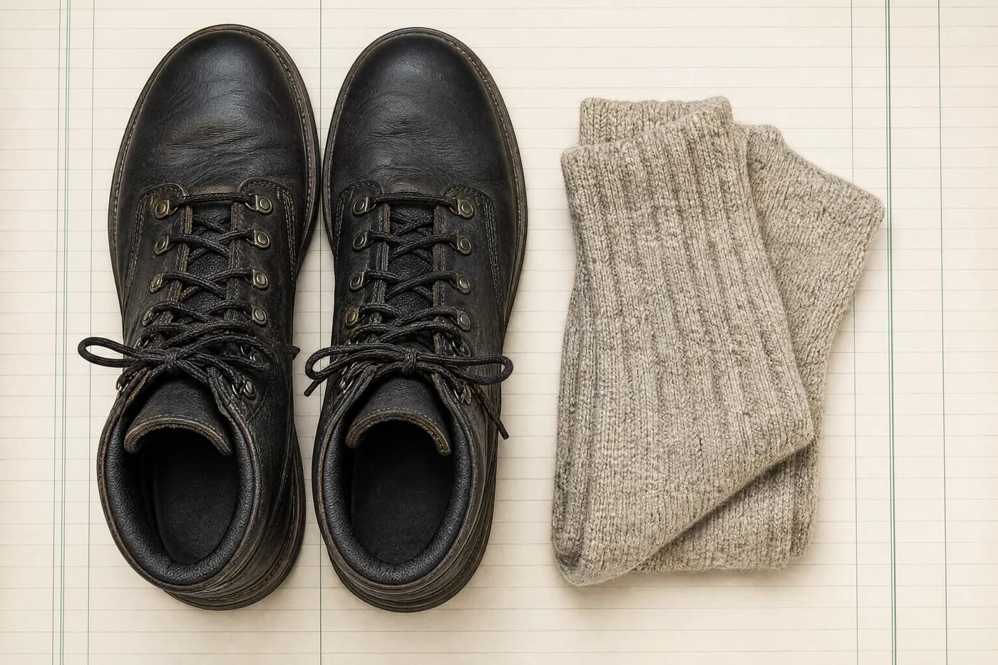 Heavy work boots on ruled paper with thick wool socks folded beside them, seen from above.