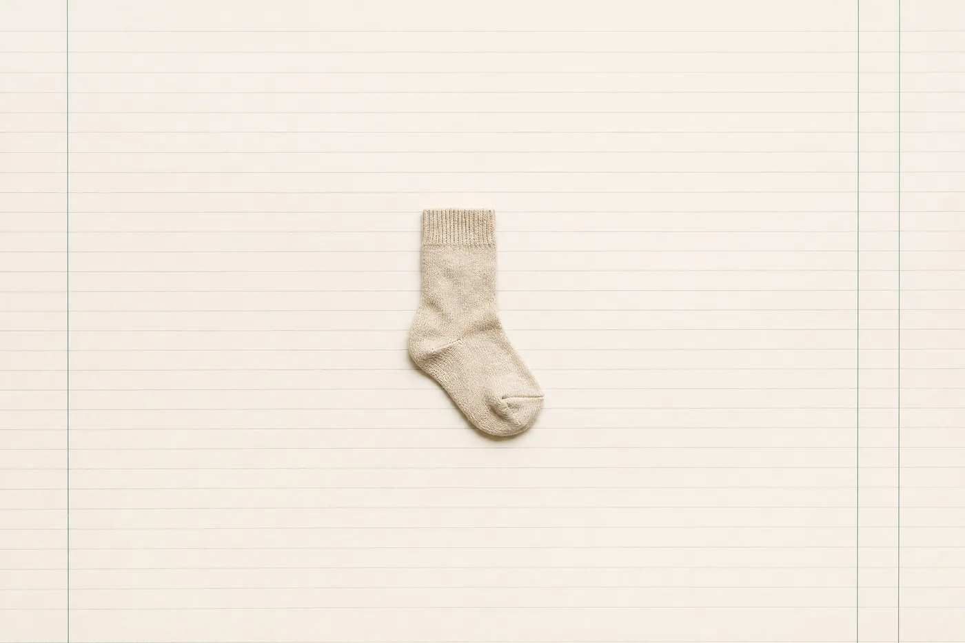 A single unmatched sock lying alone in the middle of a wide expanse of ruled paper.