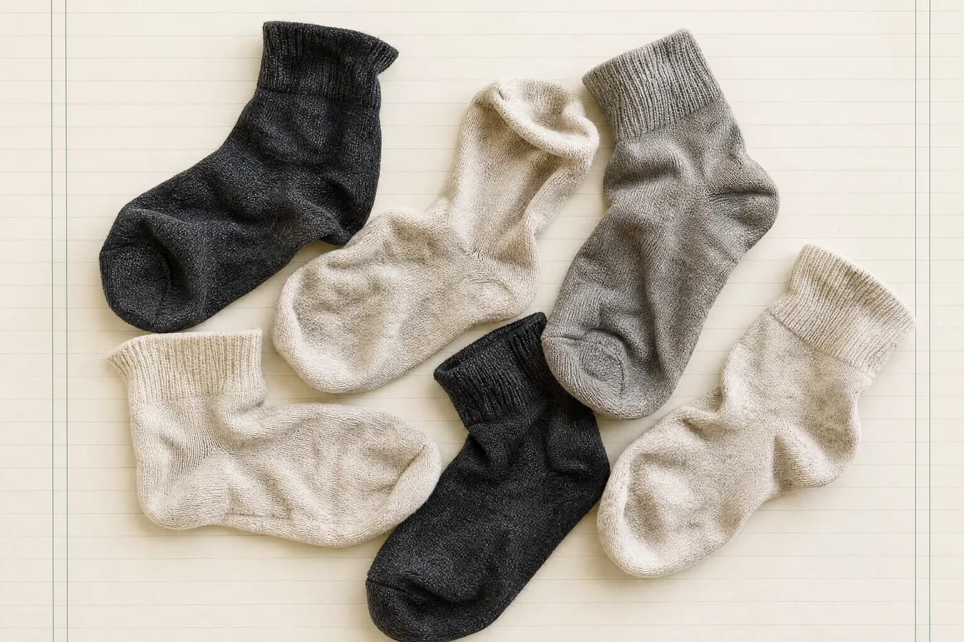 Several socks tumbled loosely together as if just out of a wash, seen from above on ruled paper.