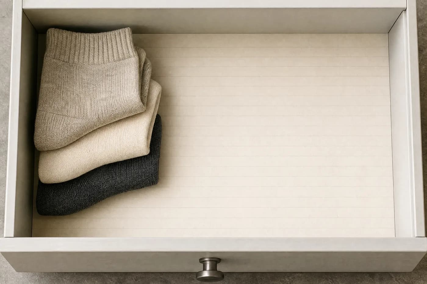 Three folded socks resting undisturbed in the corner of a plain paper-lined drawer, seen from above.