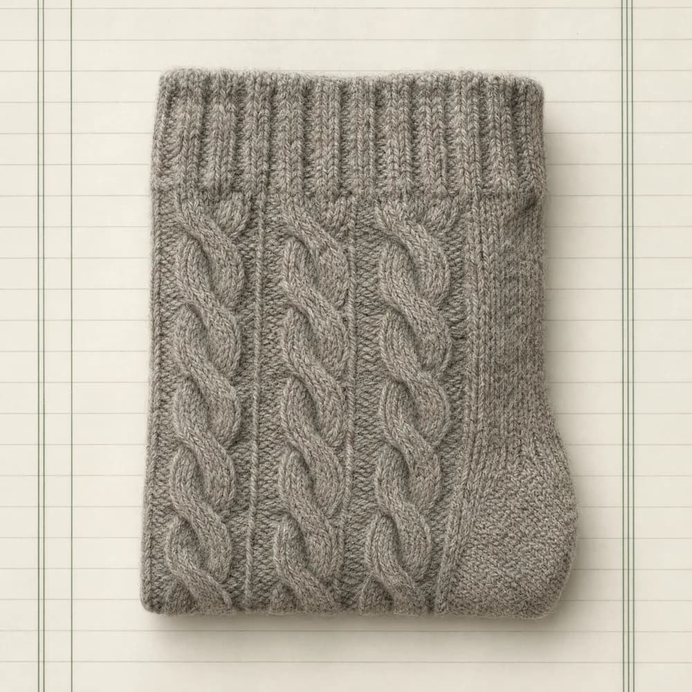A wool sock with a raised cable knit pattern, folded flat on ruled paper.