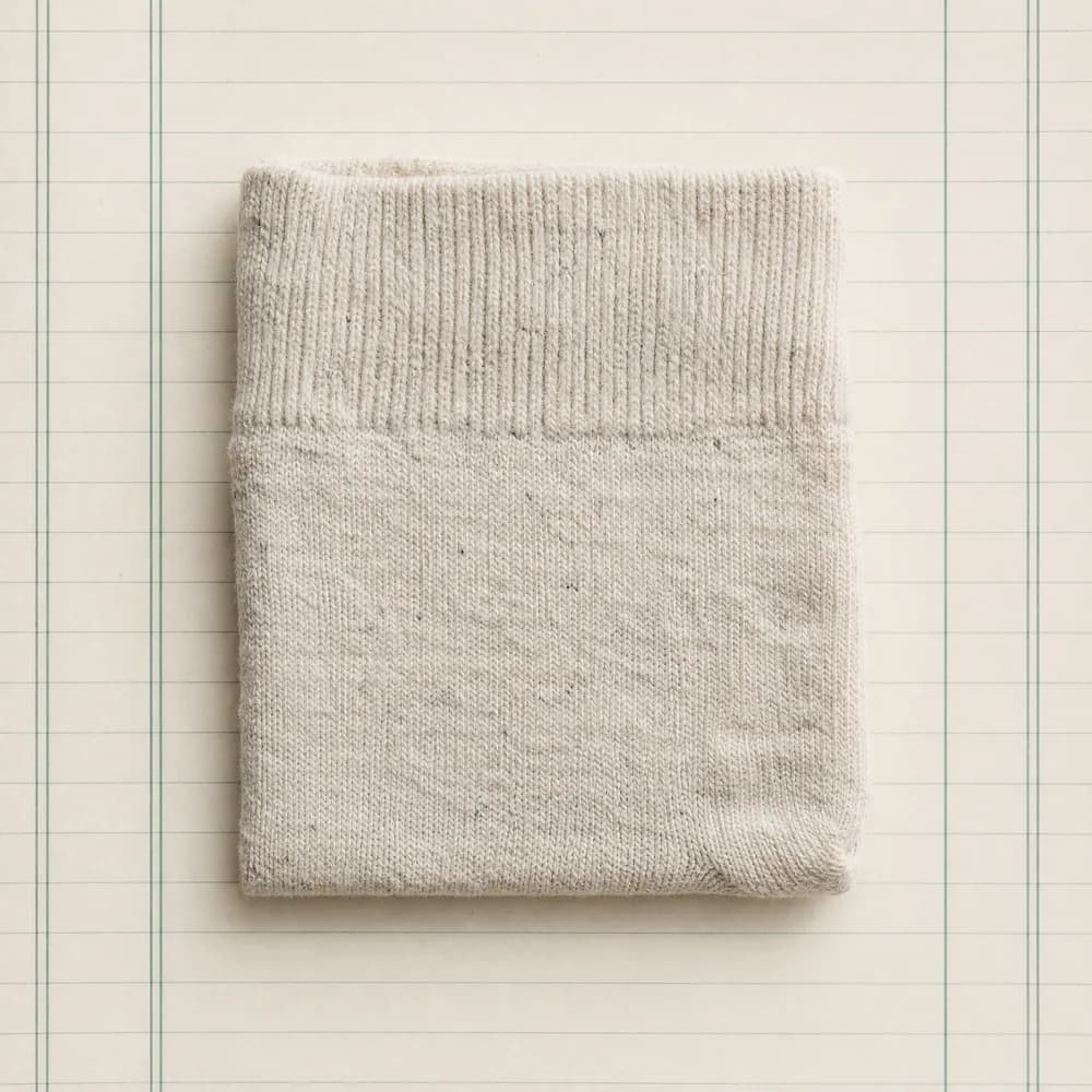 A thin cotton sock with a slightly uneven surface, folded flat on ruled paper.