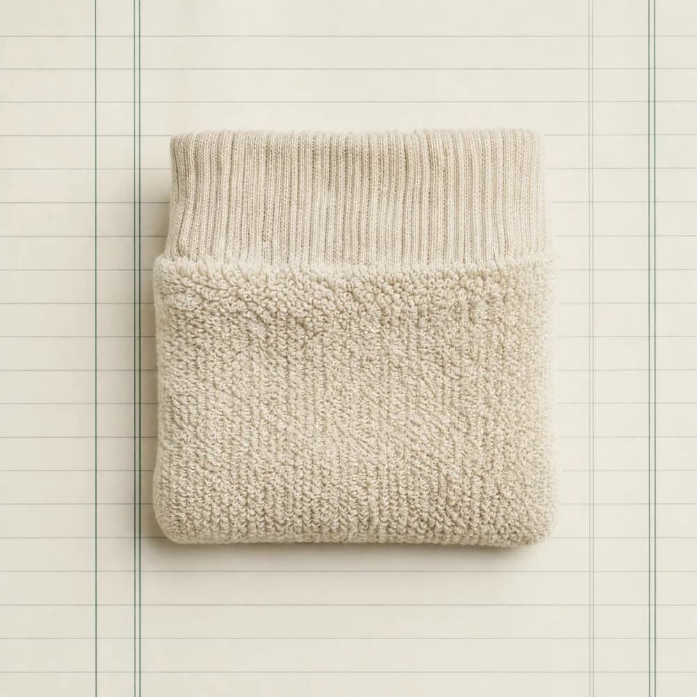 A sock with a thick cushioned terry-loop sole, folded flat on ruled paper.