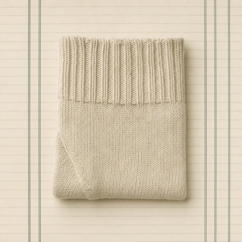 A ribbed cuff sock folded into a flat square on ruled paper.