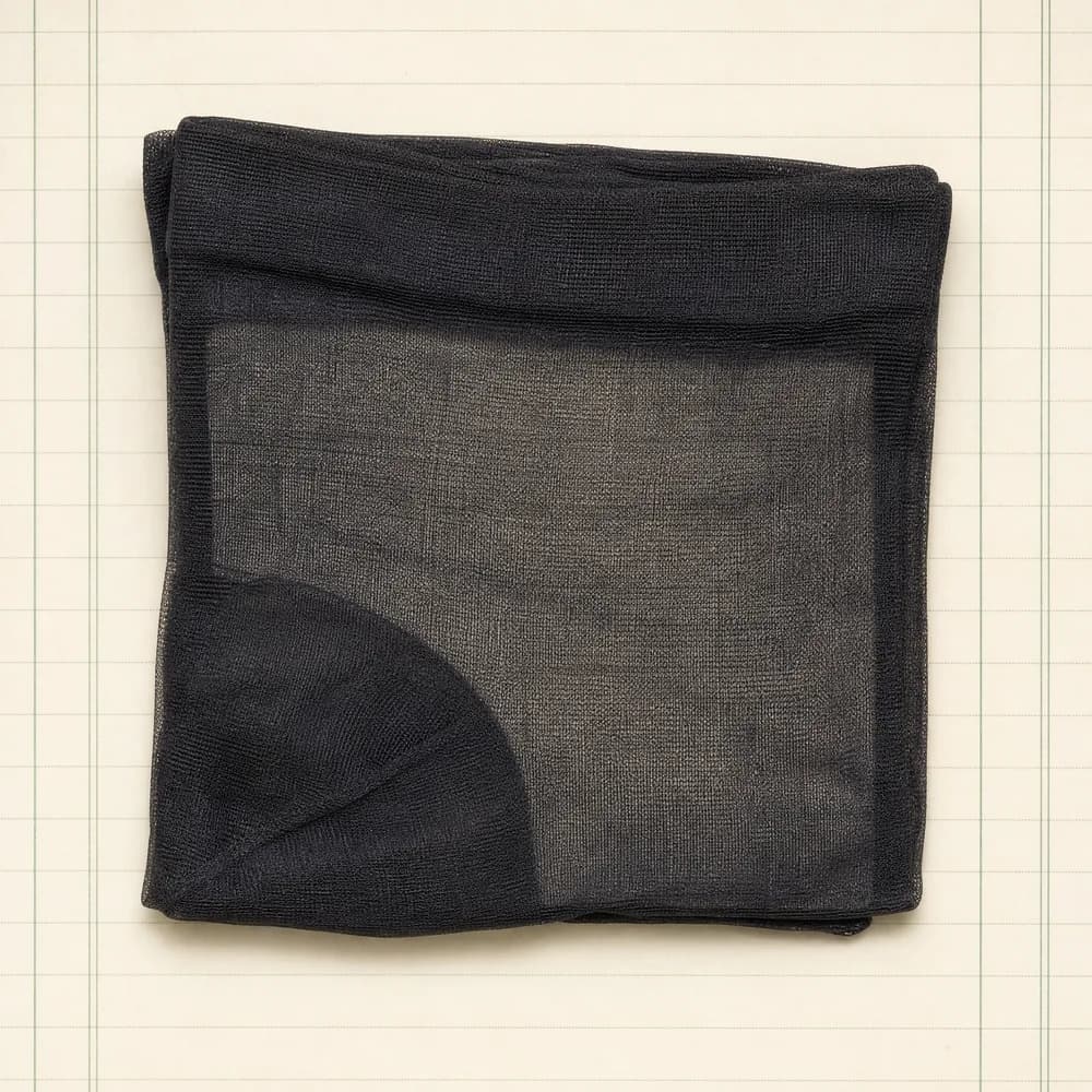 A very thin sheer dress sock folded flat, the ruled paper faintly visible through the fabric.