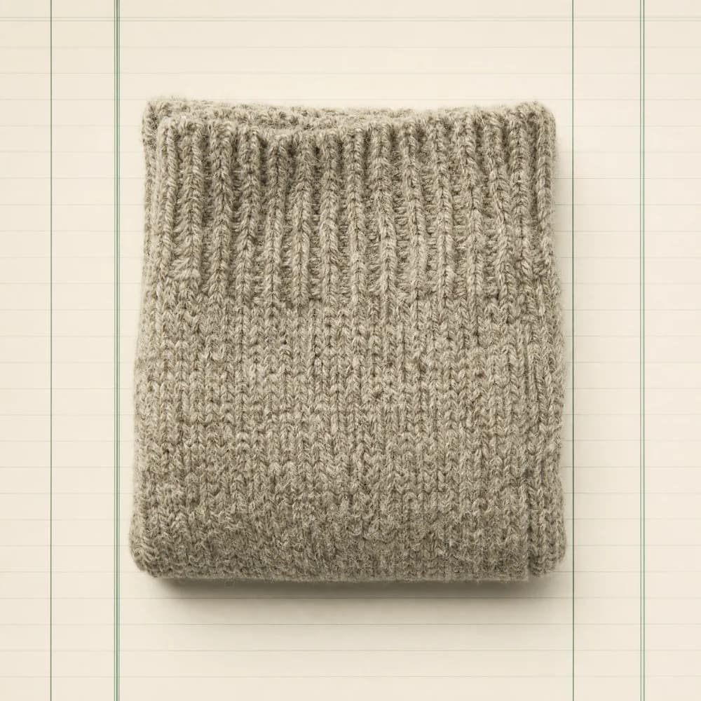 A thick heathered wool boot sock folded into a flat square on ruled paper.