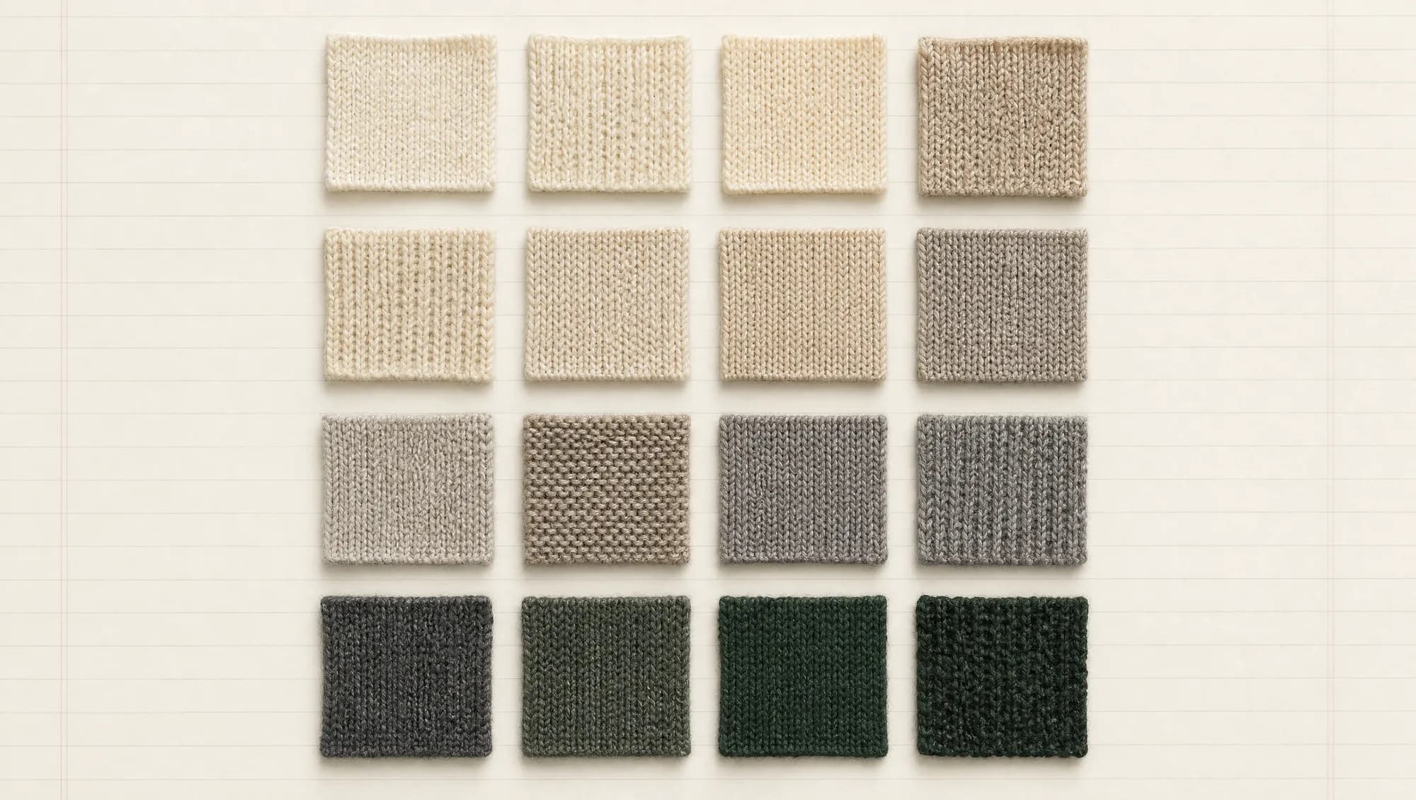 Sixteen small knit fabric swatches arranged in a four by four grid on ruled paper, ranging from ecru through oatmeal and grey to deep green.