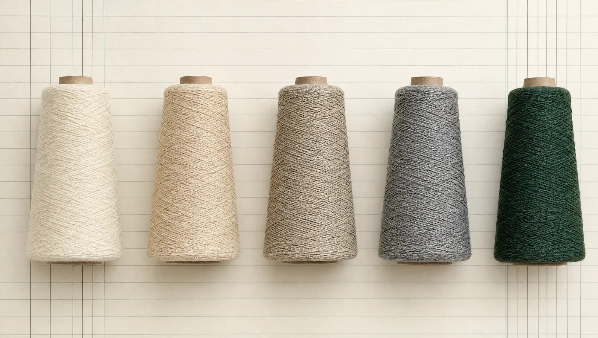 Undyed yarn cones standing in an evenly spaced row on ruled paper in ecru, oatmeal, grey and deep green.